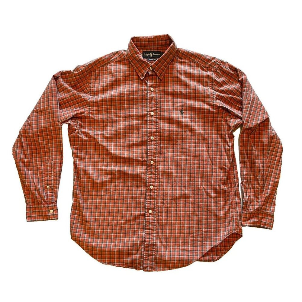 Ralph Lauren Large Long Sleeve Shirt Classic Fit Plaid Orange Preppy